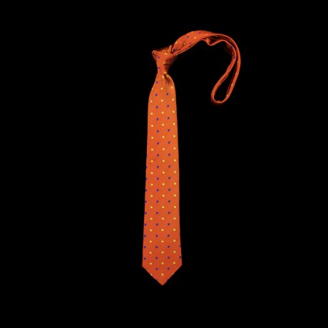 Prailgintas oranžinis šilkinis kaklaraištis su spalvotais žirneliais
