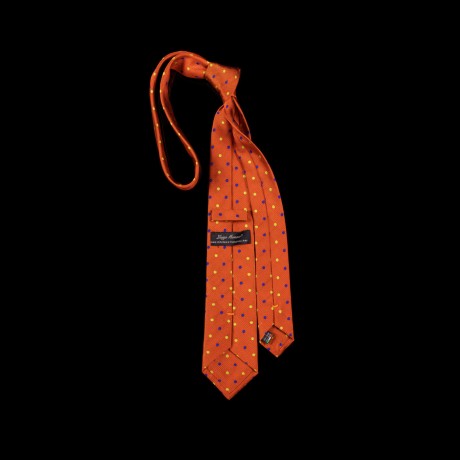 Prailgintas oranžinis šilkinis kaklaraištis su spalvotais žirneliais