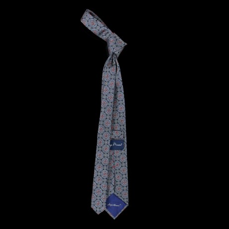 Mėlynas šilkinis kaklaraištis su medalionų raštais