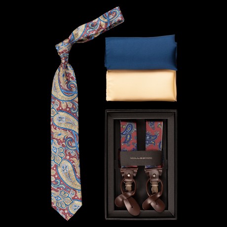 Šilkinio kaklaraiščio, dviejų kišeninių nosinaičių ir petnešų rinkinys 